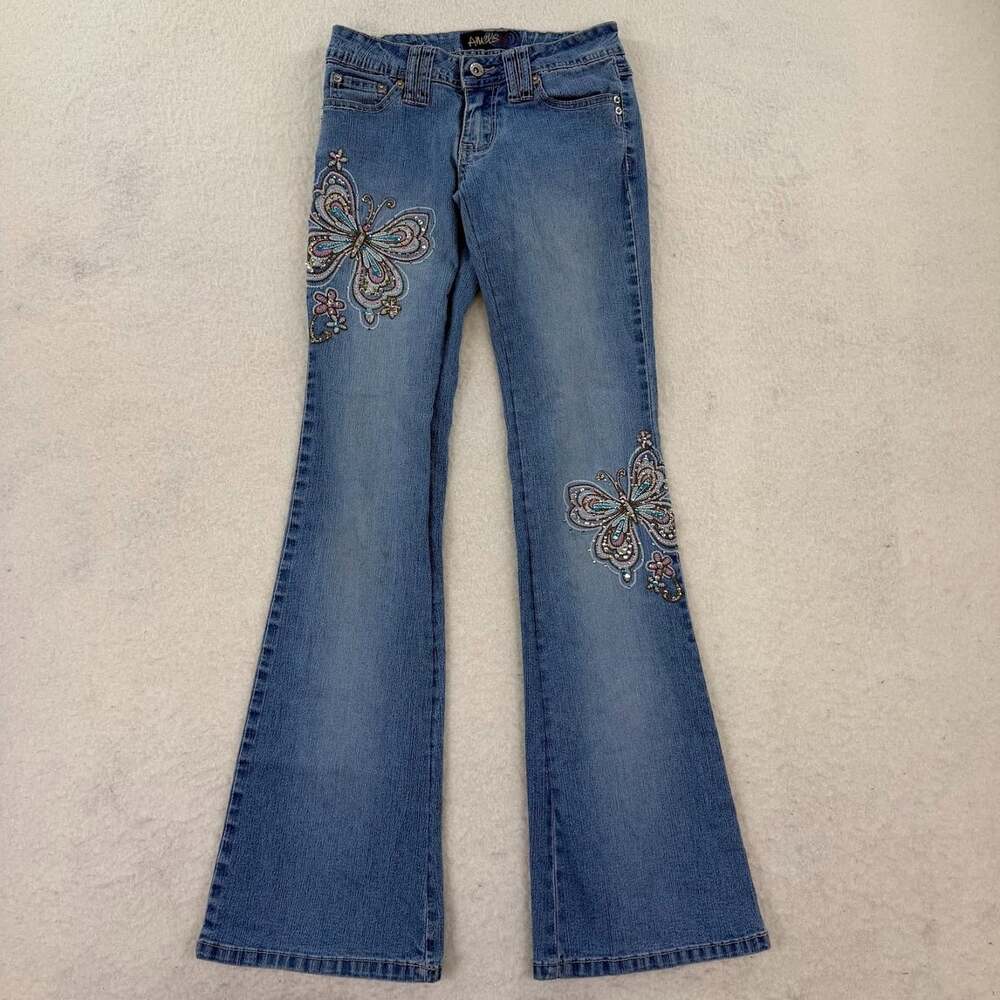 Vintage Y2K Angels Embroidered Bling Butterfly Low-Rise Flare Jeans Size 3